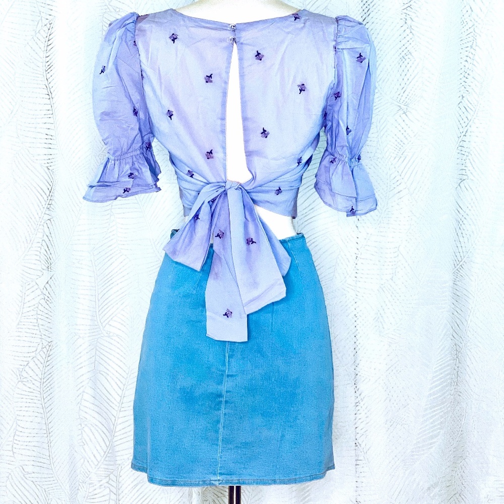 Women Lavender Square Collar Short Sleeve Crop Top - Picture 5 of 5